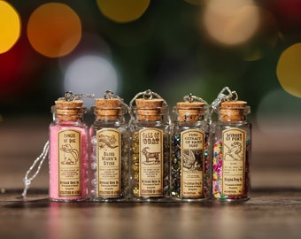 Mini adornos de botella de poción, juego de 5, botellas de poción de vidrio, botellas de poción mágica personalizadas, miniaturas, decoración navideña