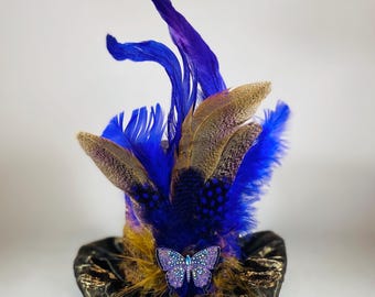 Purple and Gold Fabric Mini Top Hat, Handmade, Cosplay, Adult Costume, fascinator hat, vintage hat, Halloween, cocktail hat