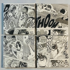 May include: Four square coasters featuring black and white panels from a manga comic book. Each coaster displays action scenes with sound effects like "POOOM" and "EAT THIS".