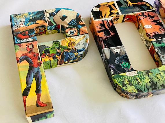 Comic Book Letters, comic decoupage, Handmade Collage of mod podge cardboard letters, Pop Art, Superhero Decor custom name