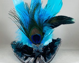 Blue Butterfly Steampunk Fabric Mini Hat/ Lock and Key/ Handmade/ Top Hat/ Green Hat/ Adult Mini Hat/ Costume Hat/ Halloween Hat/ Party Hat