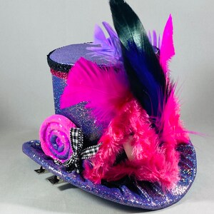 May include: A purple top hat with pink and blue feathers, a pink fur trim, and a pink and purple swirl decoration.