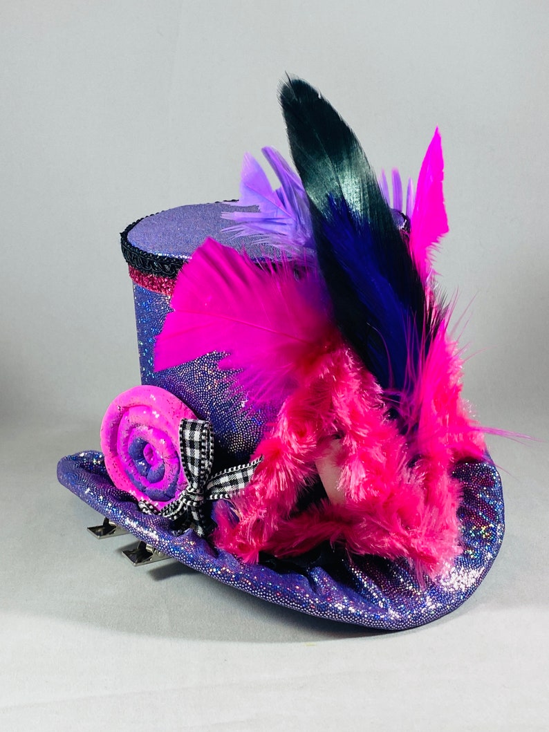 May include: A purple top hat with pink and blue feathers, a pink fur trim, and a pink and purple swirl decoration.