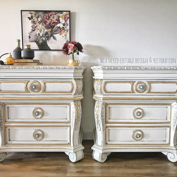 White and Gold Nightstand Etsy