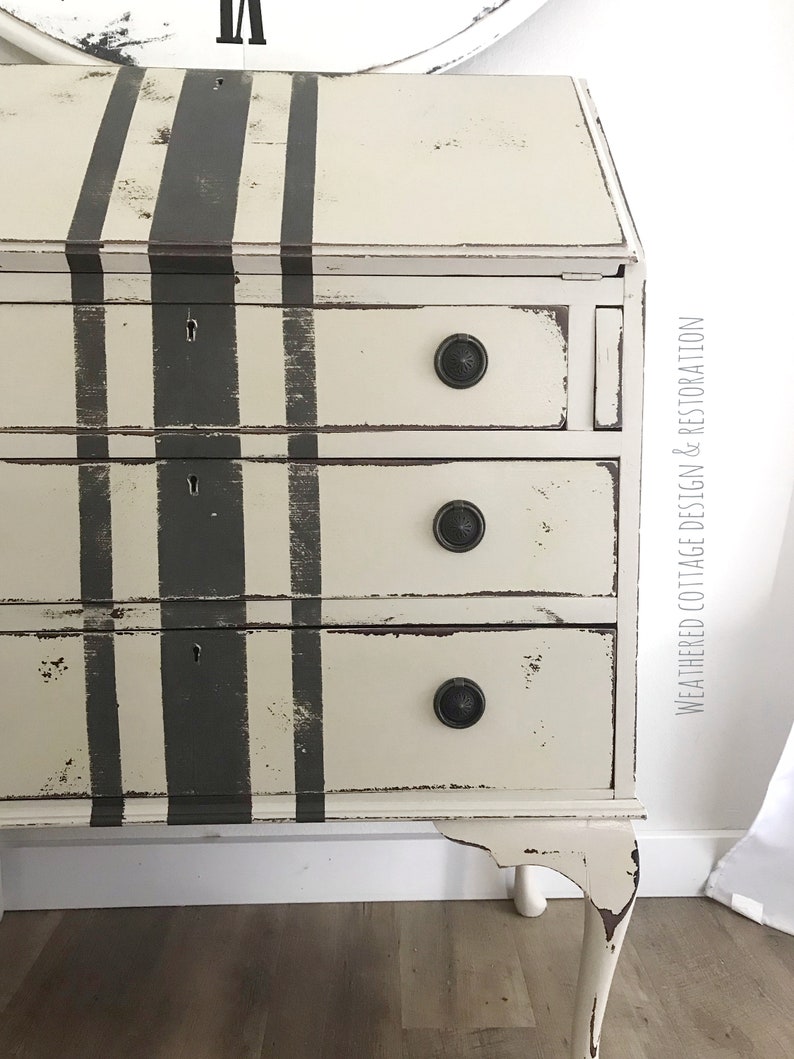 SOLD Antique, Queen Anne style farmhouse secretary with grain sack stripes, shabby chic, cottage style writing desk image 4