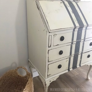 SOLD Antique, Queen Anne style farmhouse secretary with grain sack stripes, shabby chic, cottage style writing desk image 5