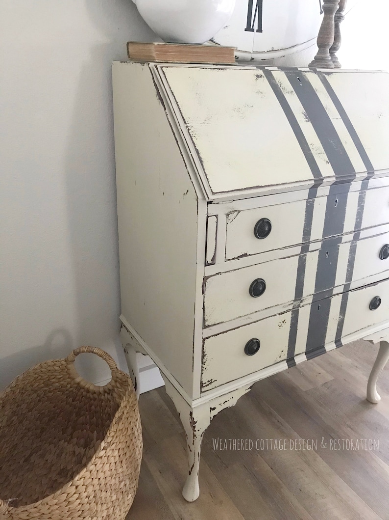 SOLD Antique, Queen Anne style farmhouse secretary with grain sack stripes, shabby chic, cottage style writing desk image 5