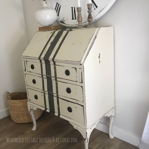 SOLD Antique, Queen Anne style farmhouse secretary with grain sack stripes, shabby chic, cottage style writing desk image 3