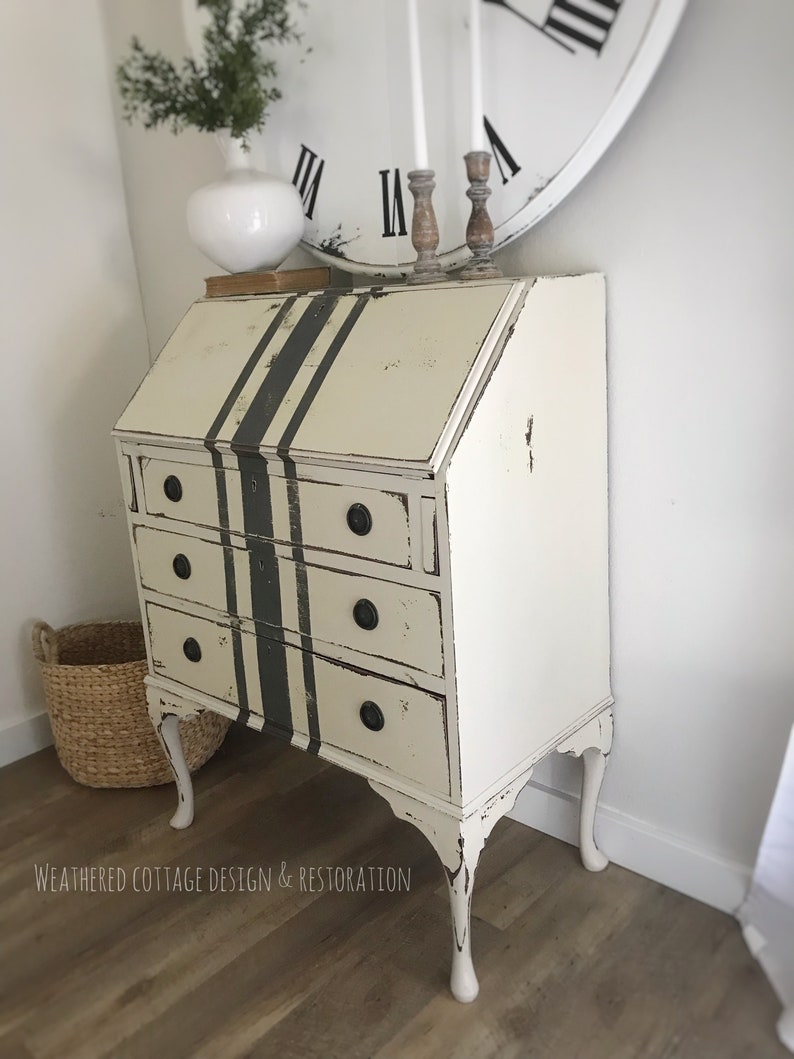 SOLD Antique, Queen Anne style farmhouse secretary with grain sack stripes, shabby chic, cottage style writing desk image 3