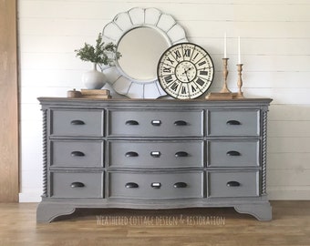 SOLD ! Vintage, Gray, Modern Farmhouse, Bow front 9 drawer dresser/ Buffet / Credenza