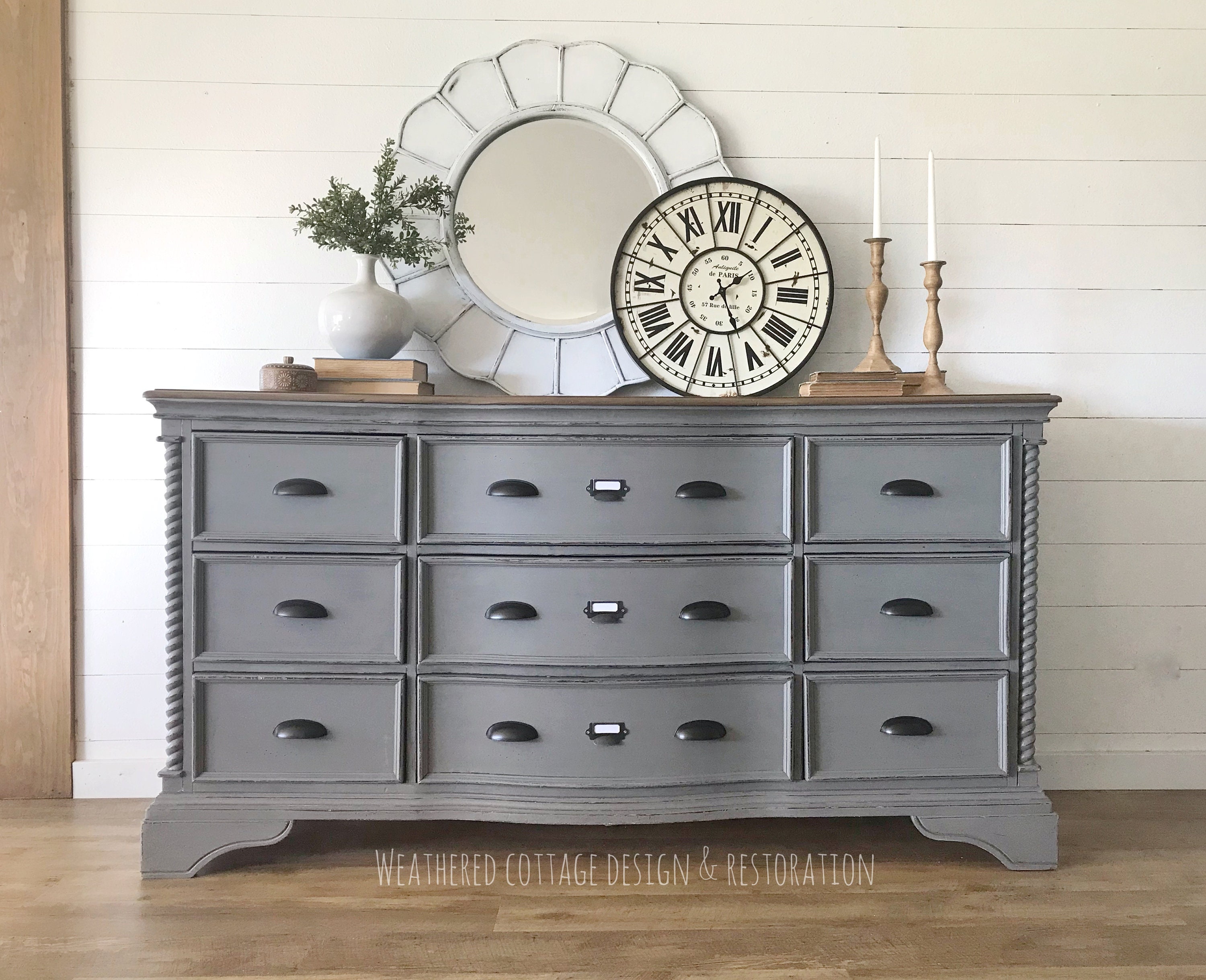 SOLD Vintage Gray Modern Farmhouse Bow Front 9 Drawer Dresser Buffet Credenza Etsy