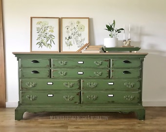 SOLD! Vintage Green hand painted 10 drawer dresser