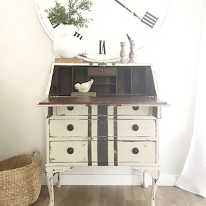 SOLD Antique, Queen Anne style farmhouse secretary with grain sack stripes, shabby chic, cottage style writing desk image 1