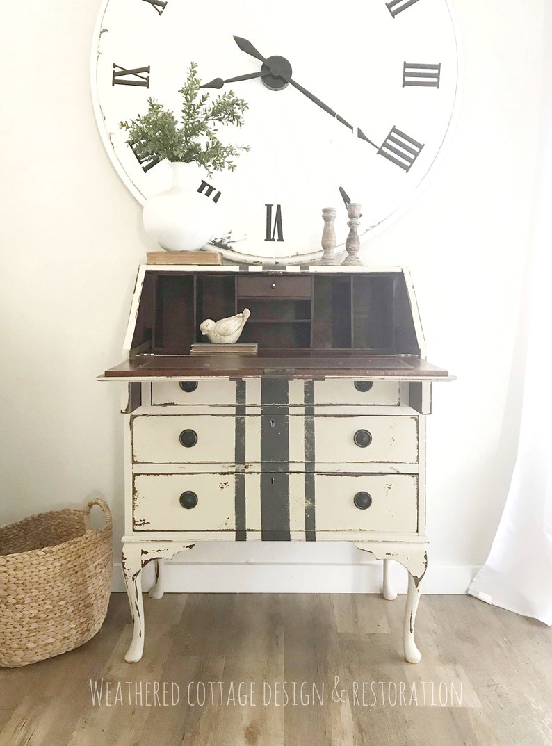 SOLD Antique, Queen Anne style farmhouse secretary with grain sack stripes, shabby chic, cottage style writing desk image 1