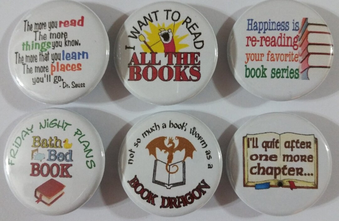 Book Lover Bibliophile Literary Badge Button Pin Set of 6 - Etsy