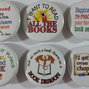 Book Lover Bibliophile Literary Badge Button Pin Set of 6