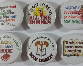 Book Lover Bibliophile Literary Badge Button Pin Set of 6