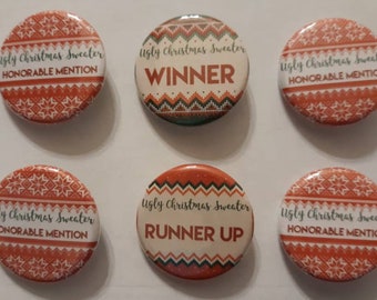 Ugly Christmas Sweater Party Favor Trophy Prize Badge Button Pin Set of 6