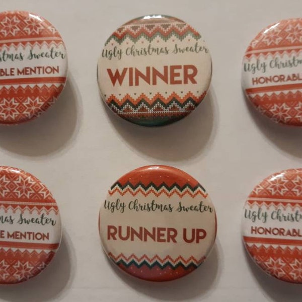 Ugly Christmas Sweater Party Favor Trophy Prize Badge Button Pin Set of 6