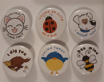 Valentine Animals Badge Button Pin Set of 6