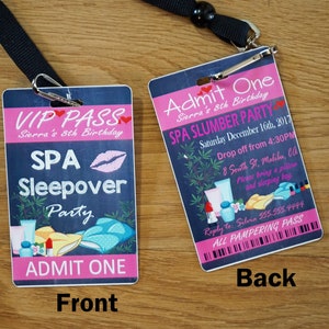 Spa Slumber Party Invitations, Personalized VIP Pass Spa Invitation, Sleepover Birthday Invitations, Lanyard Birthday Invitation