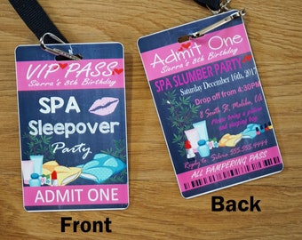 Spa Slumber Party Invitations, Personalized VIP Pass Spa Invitation, Sleepover Birthday Invitations, Lanyard Birthday Invitation