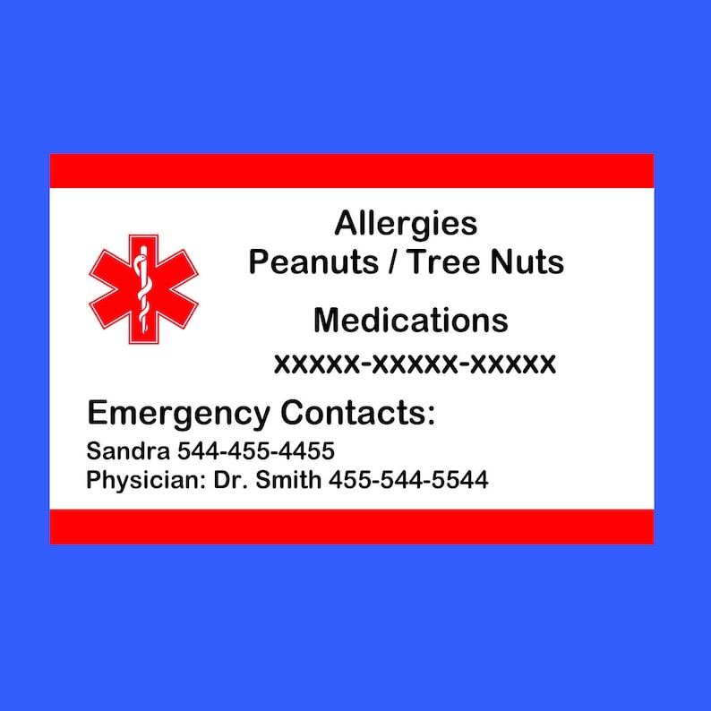 Allergy Alert Card Medical Alert Card Allergy Wallet Card Etsy