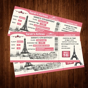 Custom Boarding Pass Birthday Invitation, Personalized Paris Invitation, Paris Airline Ticket Invitation, Boarding Pass Invitation