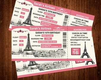 Custom Boarding Pass Birthday Invitation, Personalized Paris Invitation, Paris Airline Ticket Invitation, Boarding Pass Invitation