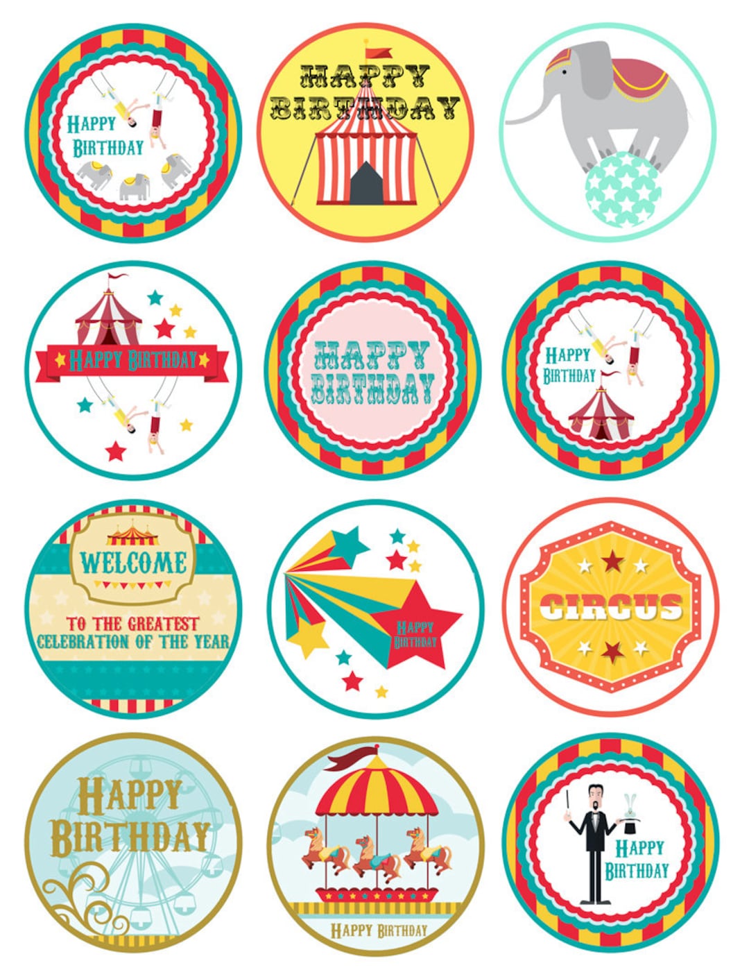 Circus Carnival Printable Cupcake Toppers Instant Download Party Supply ...