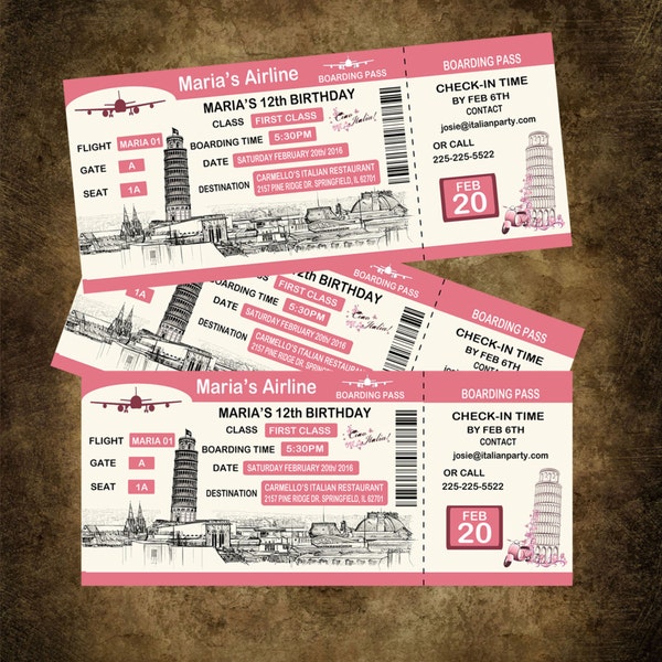 Boarding Pass Birthday Invitation, Personalized Italy Invitation, Italy Airline Ticket Invitation, Boarding Pass Invitation