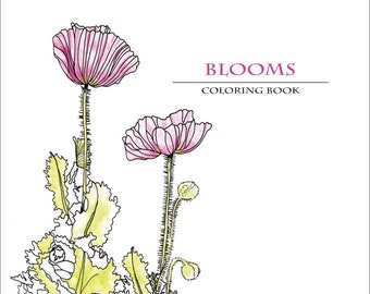 May include: A coloring book cover featuring a line drawing of two pink poppy flowers with green leaves. The title of the book is "BLOOMS COLORING BOOK" and the subtitle is "VOLUME 1". The book is by "Lovely Leisure" and the illustrations are by Paula Parrish.