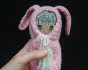 Pink Bunny Plushie, OOAK Baby Doll | Knit Comfort Doll | Pocket Doll | Snuggle Buddy