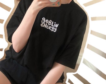 Oversized Goblin Energy Tee - Comfy White Embroidered Blaster T-shirt