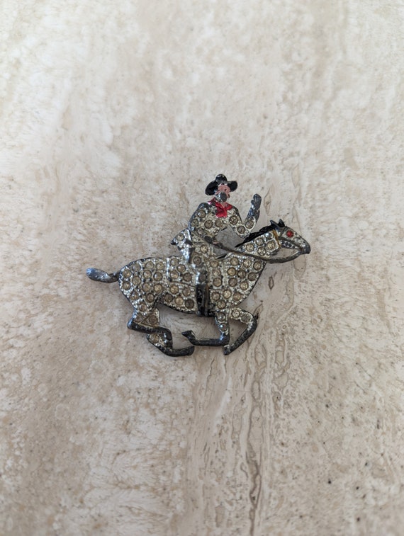Older Cowboy /Cowgirl Horse Pin / Brooch with Rhi… - image 2