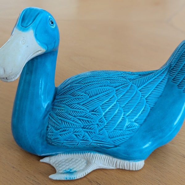 Turquoise Blue Chinese Duck Figure, open mouth