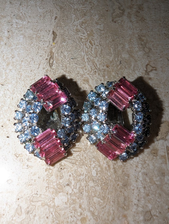 Pink & Clear Rhinestone Clip On Earrings - image 2