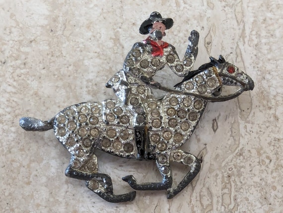 Older Cowboy /Cowgirl Horse Pin / Brooch with Rhi… - image 1