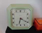 Vintage Ferranti Electric Wall Clock Art Deco period green Bakelite type plastic mains powered running 1930s