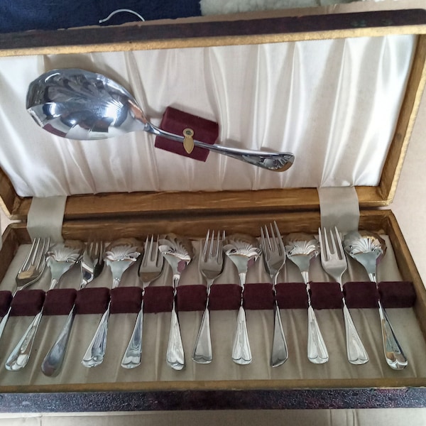 Set 12 Fruit or Dessert Spoons, forks and server  Chrome Plate Stainless boxed 1930s Art Deco clam shell