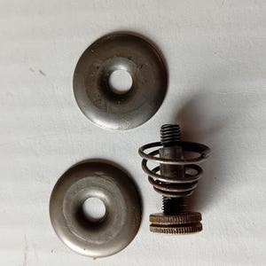 May include: Three metal pieces, two round washers with a hole in the center and a spring-loaded screw with a hexagonal head.