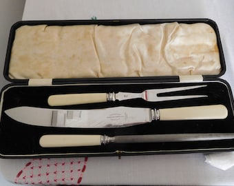 Vintage carving Set Sheffield Stainless Steel  serving fork steel boxed hand ground 1930s? Harrison Fisher serving fork carving tool