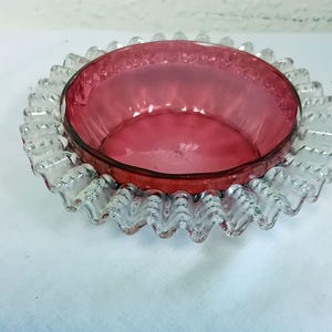 Victorian Cranberry glass dish Bon Bon or for trinkets. Frilled edges nice art piece sweets dish/bowl frill edged