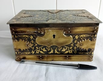 Vintage Geo. Bassett & Co. Sheffield Tin | Ornate Metal Treasure Chest Box | 1920s–40s Confectionery Tin | Antique Storage / Display Decor