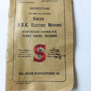 Vintage Singer Manual for BRK B.R.K. Electric Motors manual Booklet K4480- Singer 1940s sewing machine book