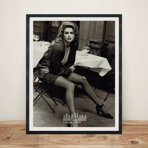 Cindy Crawford Girl Woman Black White B&W Fashion Beauty Advertisement Vintage Ad Classic Art Retro Print Giclée Poster Wall Decor