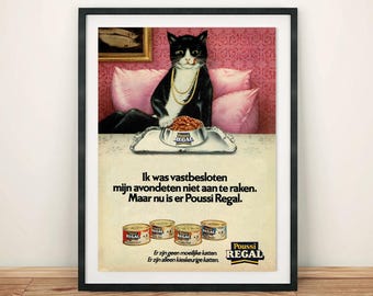 Cat Illustration Cute Pet Regal Food Advertisement 70's Vintage Ad Classic Art Retro Print Giclée Poster Wall Art Home Decor Interior design