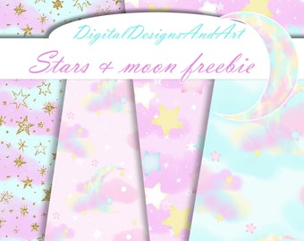 Stars and moon digital paper, Free seamless paper, Pink sky, freebie, baby paper pack, free digital paper, free clipart, free scrapbooking