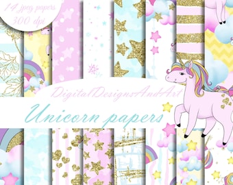 Unicorn paper, unicorn digital pattern, Scrapbook paper, Rainbows and unicorns, Unicorn pattern, Clouds and stars paper