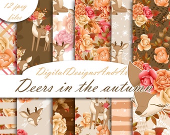 Deer digital paper, forest deer pattern, deer pattern, autumn digital paper, forest paper, planner paper, scrapbook paper, sticker paper